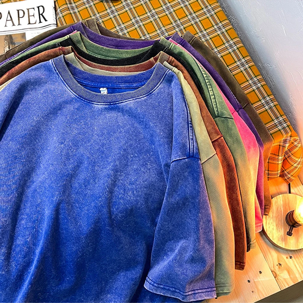 Oversize Vintage Snowflake Point Solid Color T-Shirts For Women Cotton Short Sleeve Wash With Old Water Street Hip Hop Tee Shirt