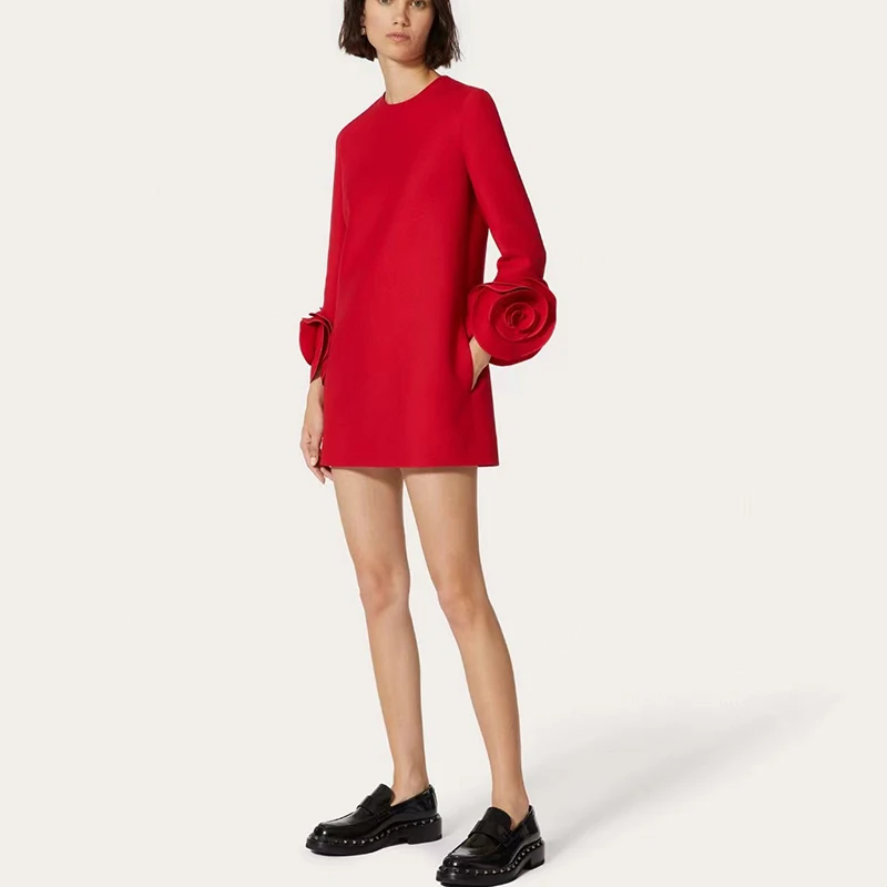 

New,2022 Spring Women's Wool Blend Long Dress,Long Sleeve Dress,Evening Gown,Three-dimensional Flower Decoration,Y2K