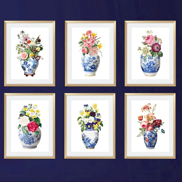 Hamptons Blue and White Chinoiserie Porcelain Prints Canvas Painting Ginger Jar Art Prints with Flowers Botanical Home Decor