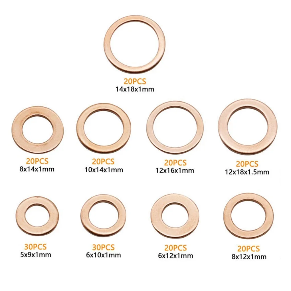 200pcs Copper Washer Gasket Nut & Bolt Set - Perfect For Sump Plugs - Includes Box & Assorted Sizes (M5/M6/M8/M10/M12/M14)