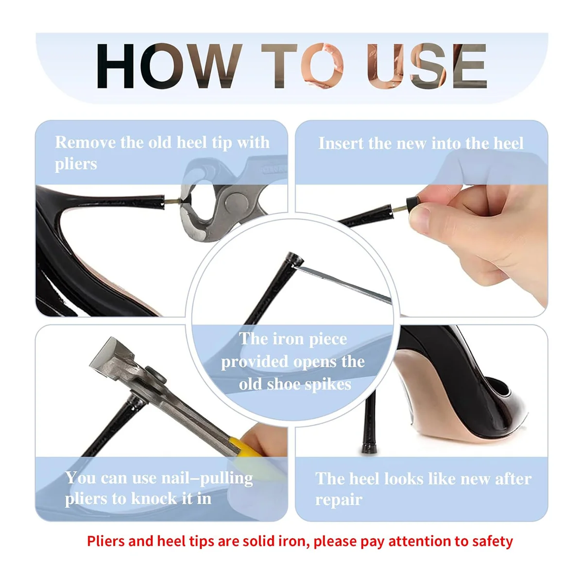 High Heel Replacement Tips Shoe Heel Repair 40 Pairs of Caps in 2 Colors with Removal Pliers Round and U Shape