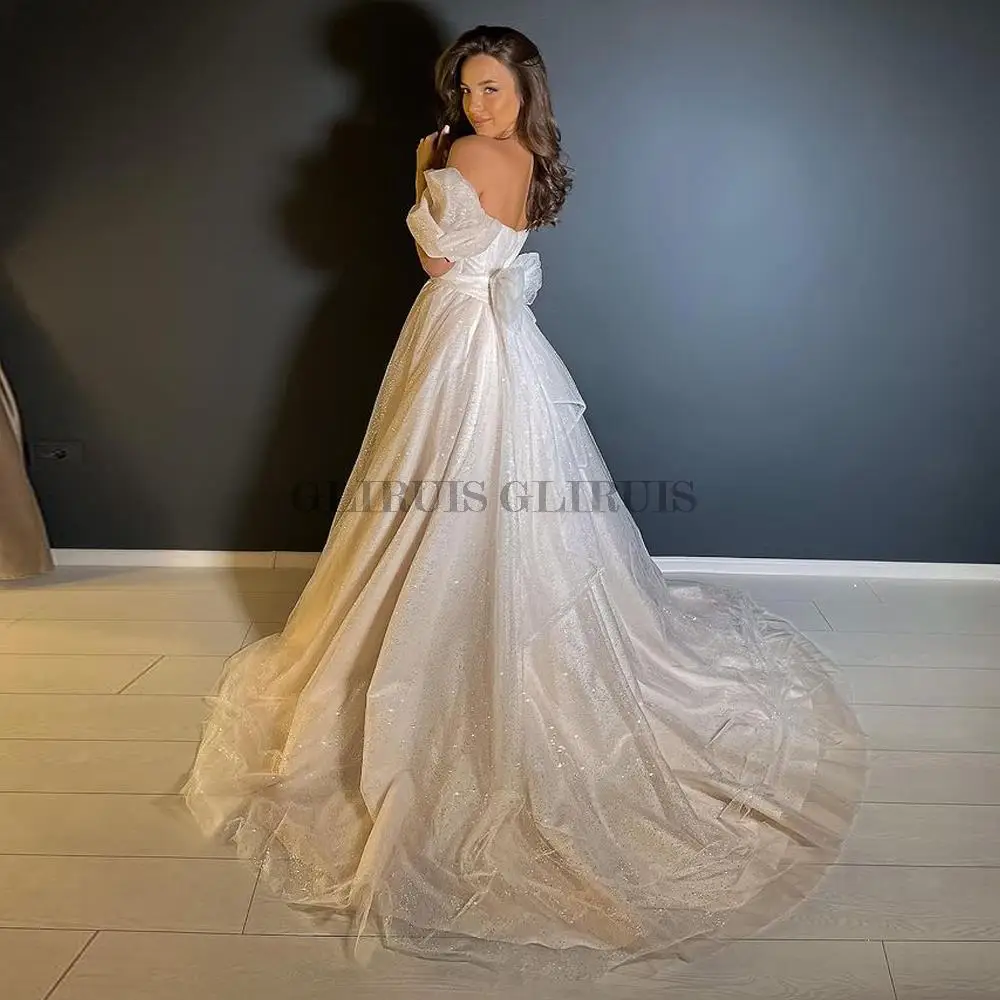 Two Pieces Shiny Glitter Wedding Dresses With Puffy Sleeves Detachable Skirt Sweetheart A Line