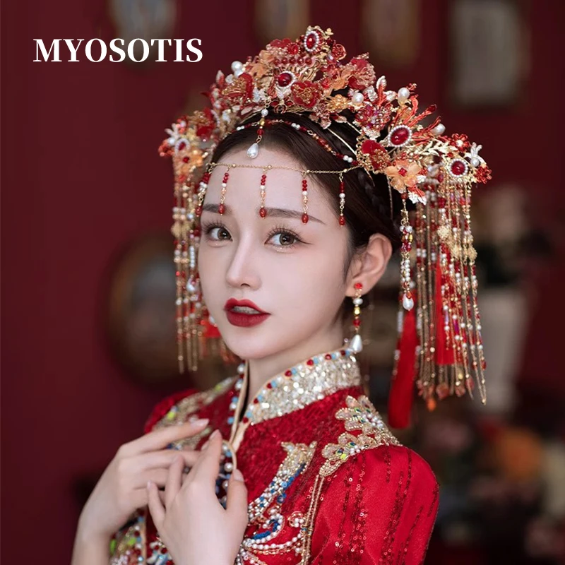 

Red Xiuhe Headwear 2023 New Eyebrow Center Pendant Phoenix Crown Chinese Wedding Tassel Headwear Bride Head Accessories