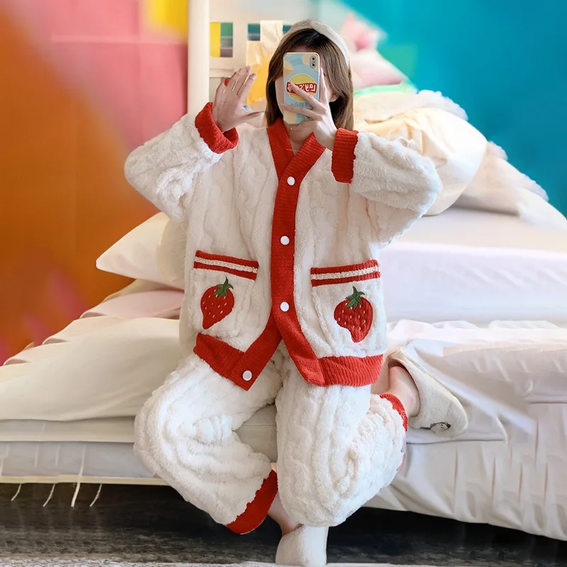 Winter Warm Pajamas Sets For Women Fleece Homewear Flannel Nightwear Female Sleepwear Set Long Sleeve Velvet V Neck Pijama Set