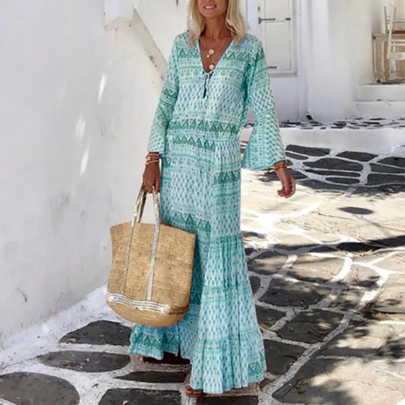 

Women Vintage Geometric Print Party Elegant Flare Sleeve Long Beach Dress 2022 Sexy Spring Summer V Neck Maxi Dresses