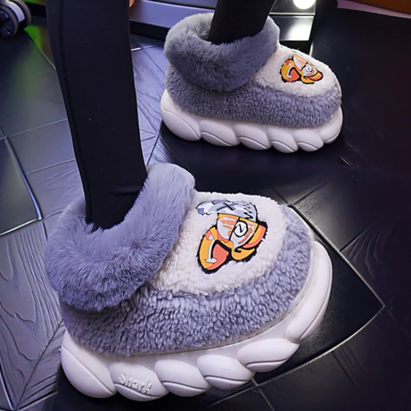 

Winter Warm Shoes Women Hightop Suede Plush Cotton Slippers Thick Bottom Home Non-slip Slide Plush Couple Outdoor Men Snow Boots
