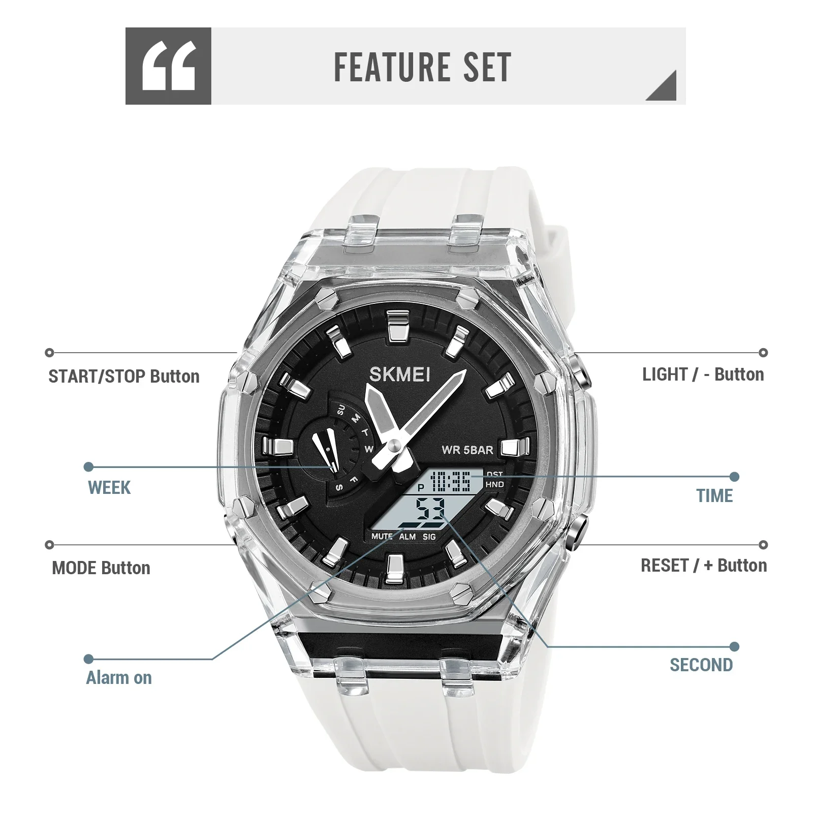 SKMEI 2100 Waterproof Men Watch Countdown Stopwatch Led Light Electronic Movement Wristwatch 5Alarm Clock 2 Time Digital Watches 5