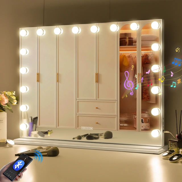 Espejo de tocador grande con luces y altavoces Bluetooth, luces