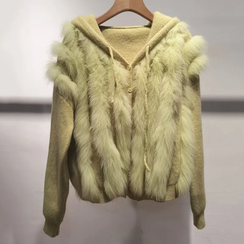 

2024 New Real fur,Women Hooded Real Fox Fur knitted Coat Fashion Loose Long Leeve Cardigan With Natural Fox Fur Stripe Female Ou