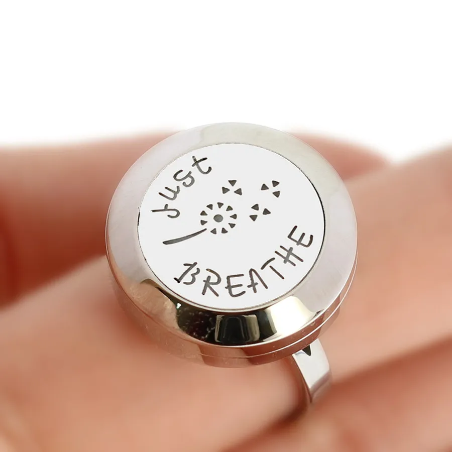 Just Breathe Plain/Rhinestone Finger Ring Resizable 316L Stainless Steel 20mm Diffuser Aromatherapy Locket Ring Free 10Pads 5