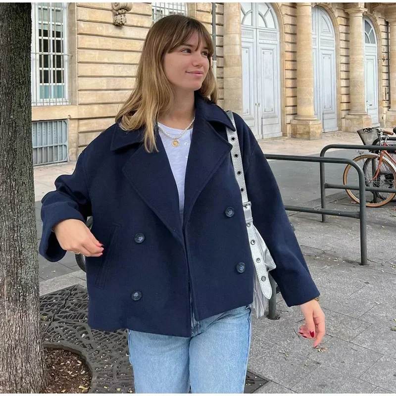 Loose Woolen Blends Coat Women Solid Lapel Double Breasted Pockets Jackets Autumn Winter Fashion Lady Office Outwear New