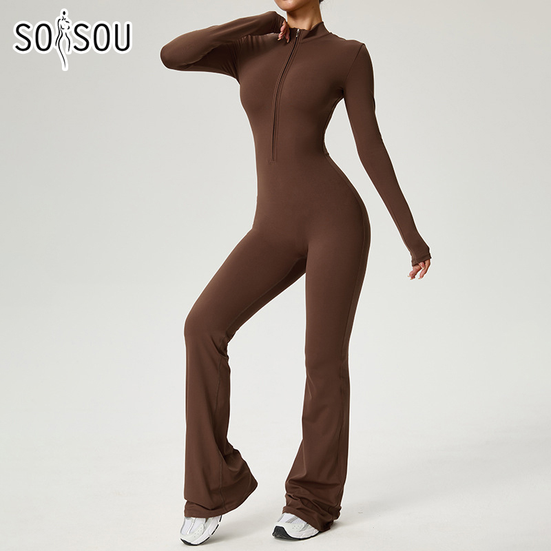 SOISOU Zipper Jumpsuit Flared Pants Women Clothing Sportswear Gym Yoga Sport Sets Spandex Nylon Workout Sets Women Tracksuit