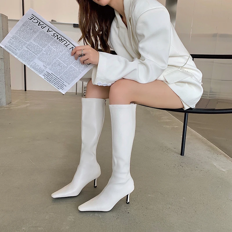 Black Beige White Women Knee High Boots Autumn/Winter Stretch Booties Back Zipper Thin High Heels Elegant Dress Shoes Party
