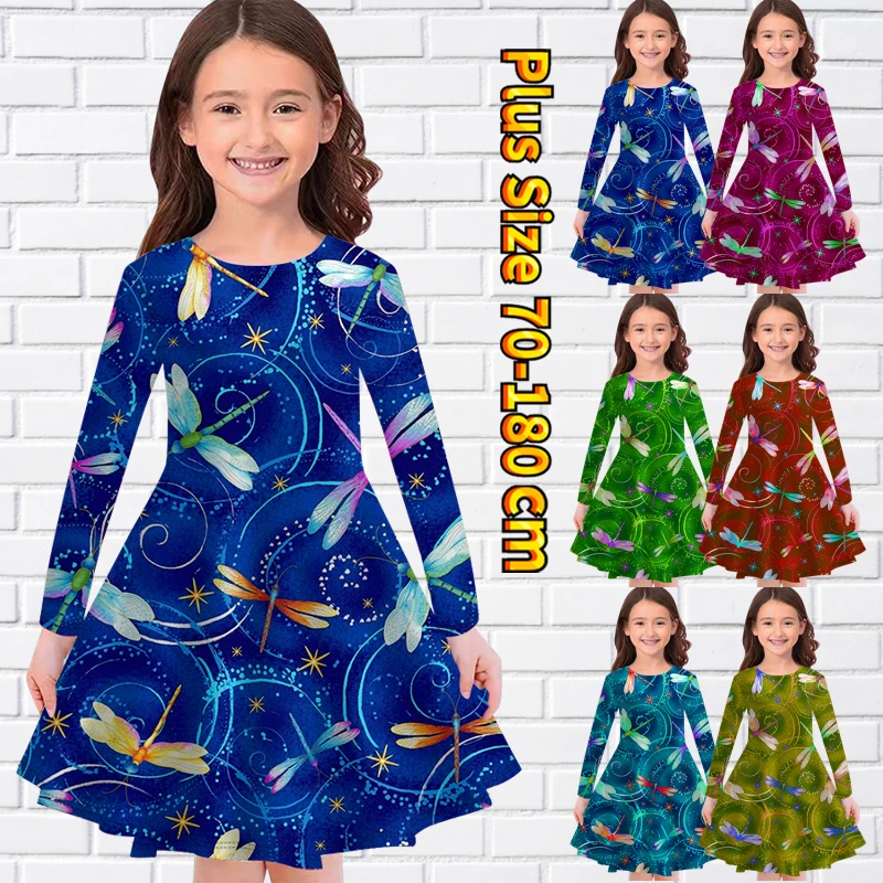 

2022 Dragonfly Print Long Sleeve Skirt Round Neck Knee Skirt Midi Skirt Autumn Winter Little Girl Fashion Casual Princess Skirt