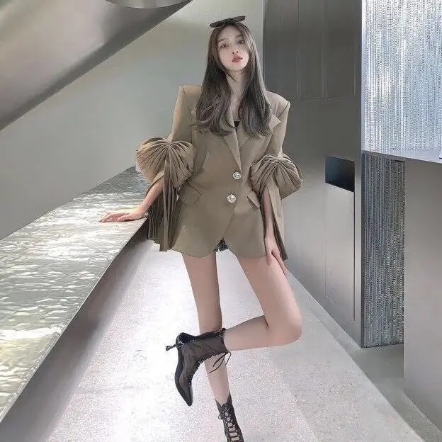 Women Blazer Designer New Fashion Ruched High Street Spring Autumn Full Notched Puff Sleeve High Street Women Coat Luxury