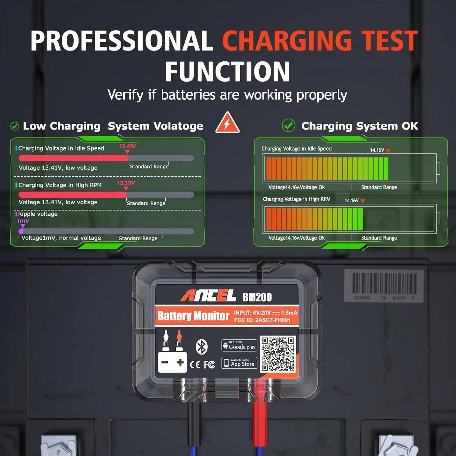 12V Car Battery Tester with Bluetooth, Voltage History & Alarm for Vehicle Monitoring