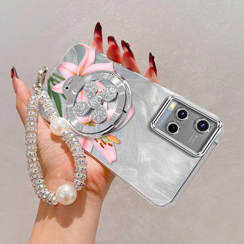 Pink Flowers Phone Case Set with Lanyard and Stand - 3-Piece Ensemble
