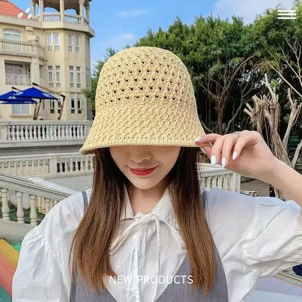 Hot Sale Bucket Spring Summer Hollow Knitted Hat Solid Color Sunhat Fisherman Caps Casual Foldable Beach Cap_voghion.com