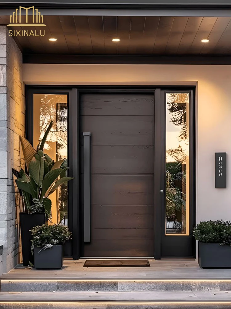 Sixinalu Entrance Doors 1.5x2.2M Wood Grain Pivot Front Exterior Entry Door Aluminum Glass Interior Door Panel Home Decor Custom
