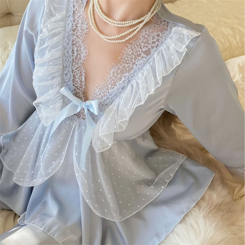 Spring New Lace Pajamas Suit Princess Style Nightwear Rayon Stain Solid Long Sleeve Deep V-Neck Home Clothes 2