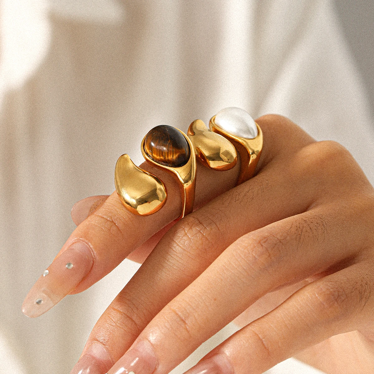 Huang Chao Beliebter Edelstahlring Retro Braun Türkis Asymmetrischer Öffnungsring Modischer Schmuck Neues Weihnachtsgeschenk