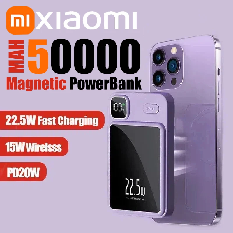 Portable Battery Charger Xiaomi 50000mAh Magnetic Wireless Charger Power Bank Magsafe External Battery Super Fast Charging PowerBank For iPhone 15 16