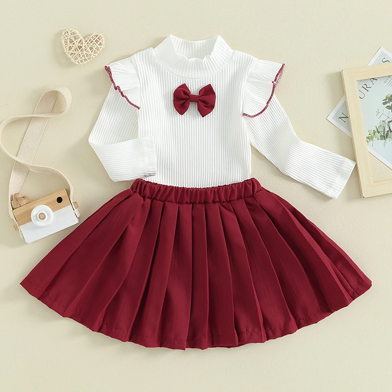 

Kids Toddler Baby Girl Fall Winter Clothes Mock Neck Bow Long Fly Sleeve Knit Sweater Top Pleated Mini Skirt 2PCS Outfits Set