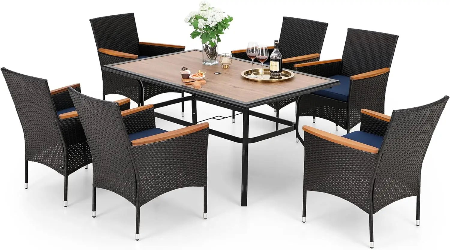 

Outdoor Dining Set , 37" Wood Top Metal Dining Table & Cushioned Rattan Wicker Chairs for Patio, Deck, Yard, Porch