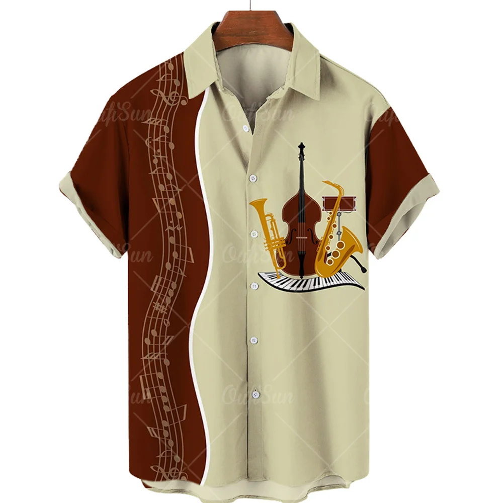 Hawaiian Men's Shirt 3D Harajuku Guitar Jazz Print Tops V-Neck Casual Blouses Fashion Tees Button Up Short Sleeve Pop Shirt Male