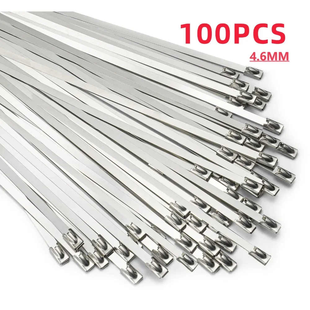 

100PCS Stainless Steel Cable Ties 4.6mm Multi-Purpose Self-locking Cable Ties for Machinery Vehicles Exhaust Wrap Farms Pipes