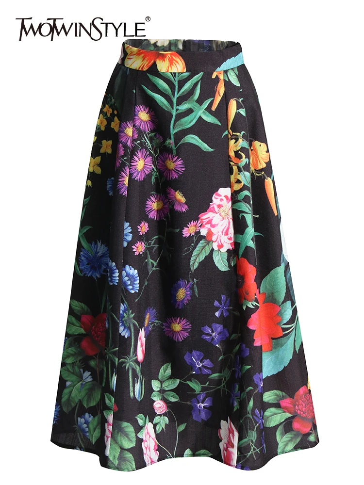 

TWOTWINSTYLE 2023 Summer Skirts For Women High Waist Patchwork Zipper A Line Elegant Knee Length Skirt Female Fashion Style New