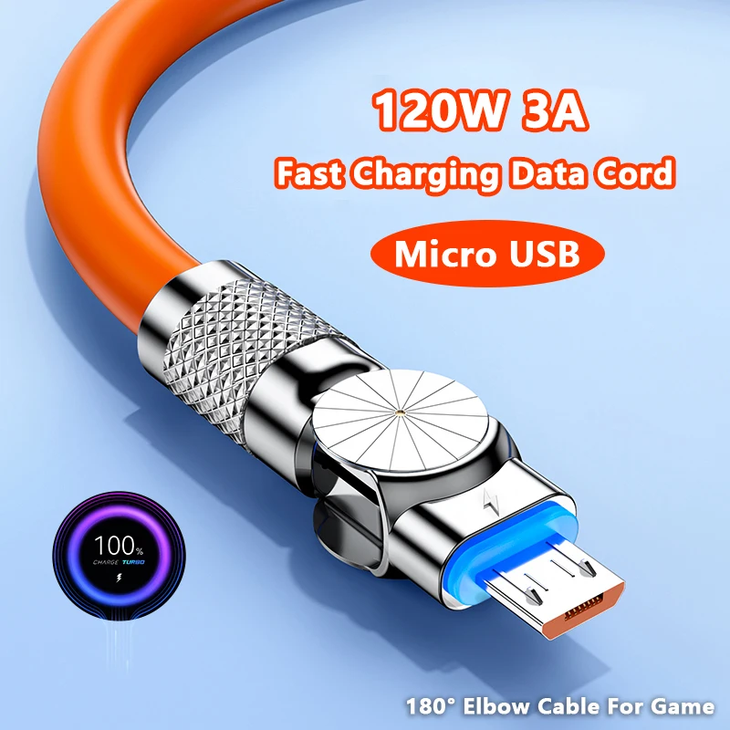 마이크로 USB 120W 3A 팔꿈치 고속 충전 데이터 케이블 코드, 게임용, 삼성 갤럭시 S7 S5 샤오미 안드로이드 충전 USB 코드 