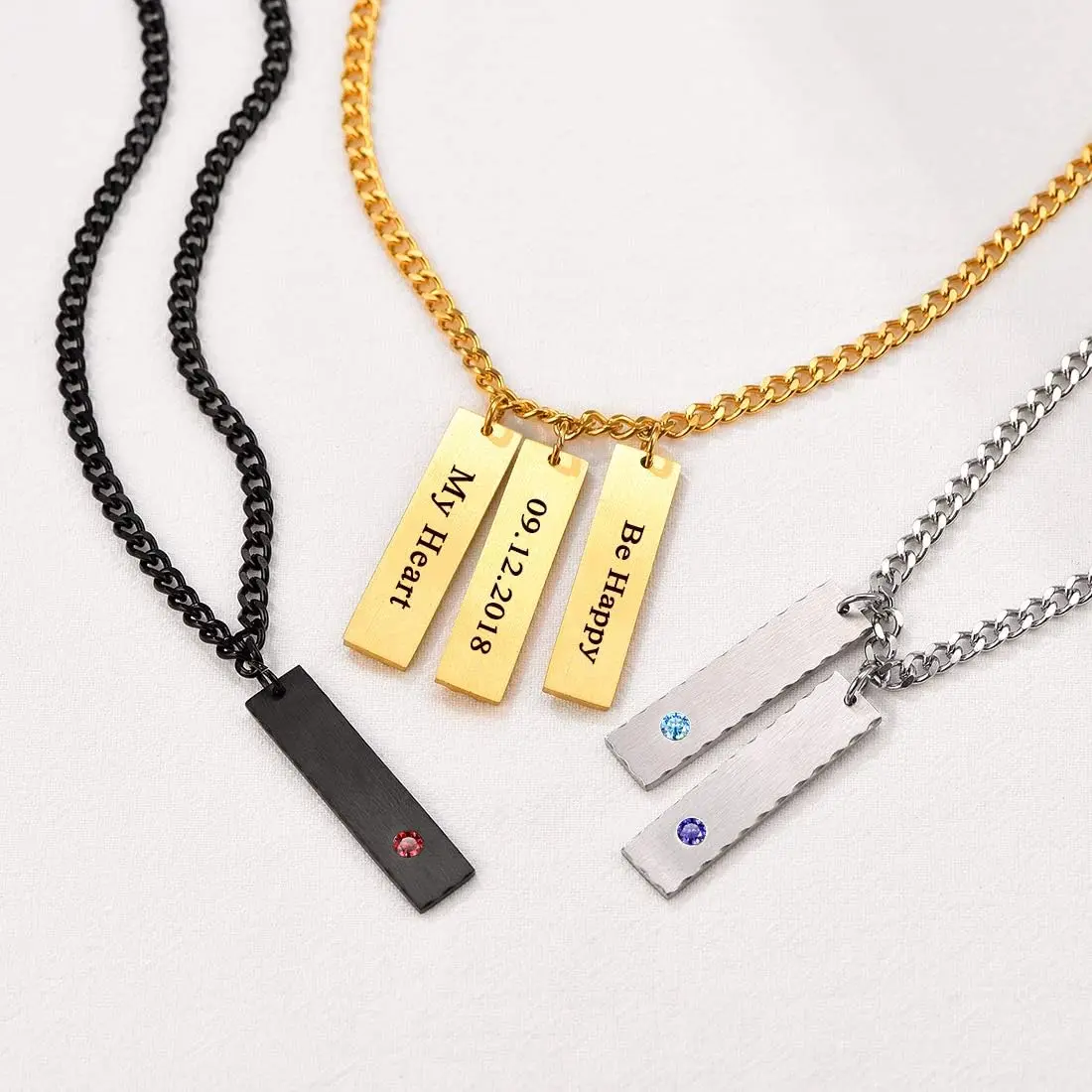U7 Custom Birthstone Laser Engrave Flat Vertical Bar Necklace Cuban Chain Personalized Name Memorial Anniversary Date Jewelry
