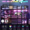 Loft Bed Twin Size with L Shaped Desk and Storage, Metal Bunk Bed with Desk Underneath and LED Lights and Charging Station,Brown 3