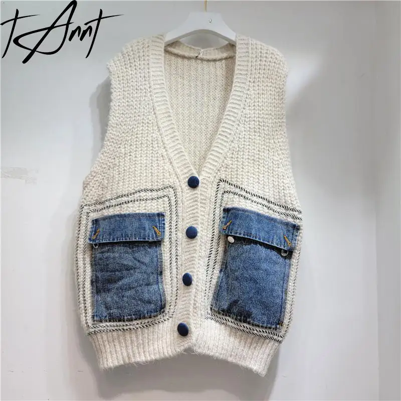 

Tannt Women Sweater Vest Denim Patchwork Color Matching Sleeveless Knitting Vests Asymmetry Autumn And Winter Vests Coats 2023