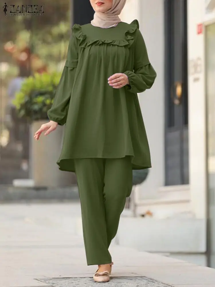 

2023 ZANZEA Muslim Suit Stylish Party Tracksuits Long Sleeve Solid Color Blouse Loose Pants Sets Vintage Casual Outifits Ramadan