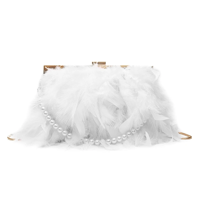 Borsa da Sera per Cena da Donna Borsa con Pochette in Piuma Borsa da Banchetto Borsa a Tracolla con Catena di Perle Borsa a Tracolla da Cerimonia Nuziale Bianca 2