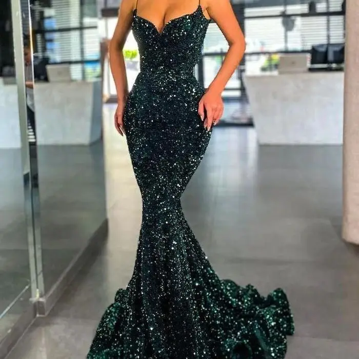 

New Sequin Temperament Commuter Solid Mid-waist Red Halter Type Host Banquet Long Dress Evening Gown Vestidos Para Mujer