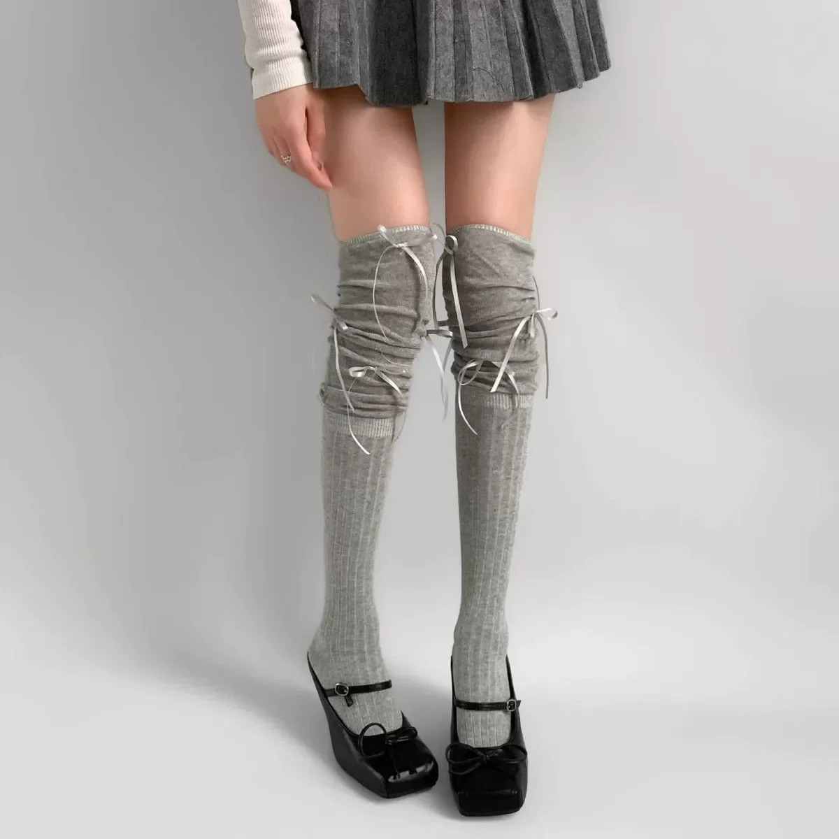 Lace Tied Ribbon Velvet Over Knee Socks Lolita Cute Sweet Calf Socks Women's Mid-Leg Kawai Thigh High Socks