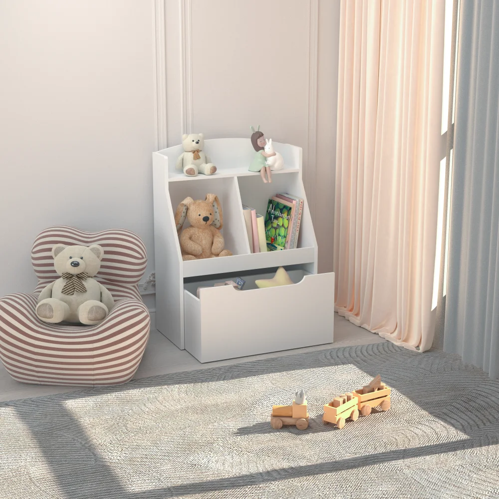 Kids Bookshelf with Drawer and Wheels, Children's Book Display,  Wooden Bookcase, Toy Storage Cabinet Organizer, White 2