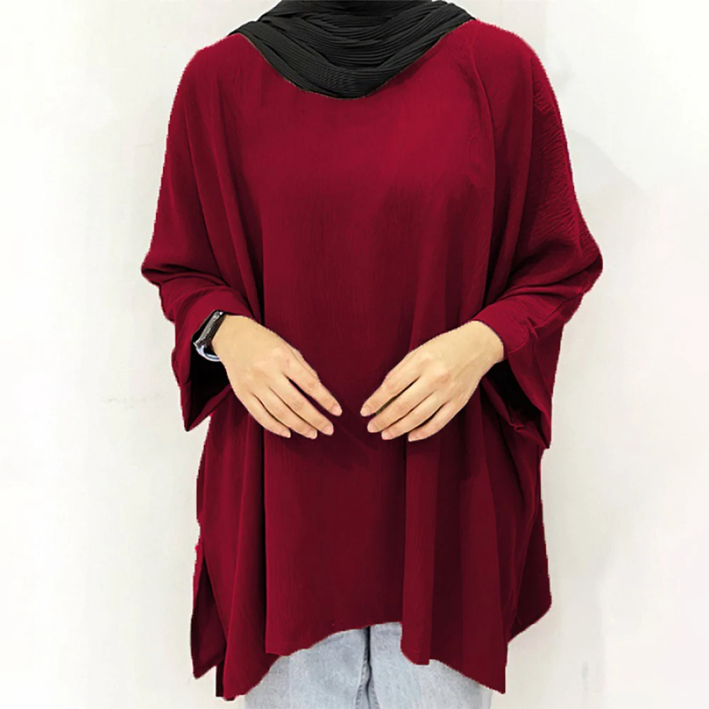 Spring And Summer Top Pullover Casual Ice Silk Long Sleeve Loose Modest Muslim O Neck Printed Shirt Solid Color