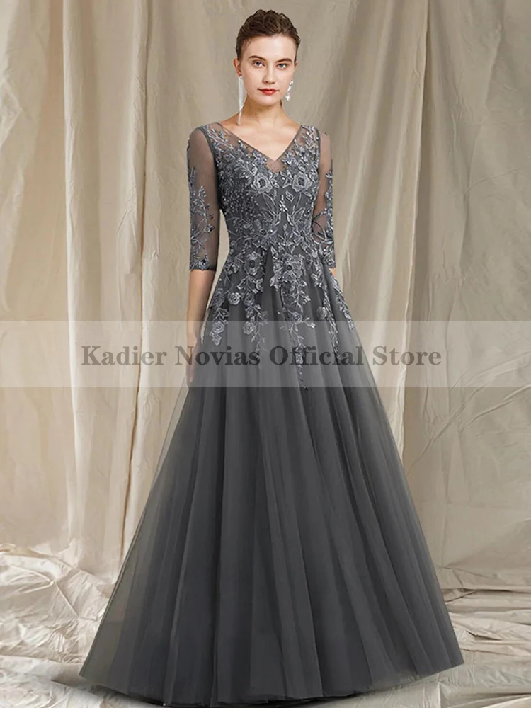 A Line Grey Mother of the Bride Dress Elegant Jewel Neck Chiffon Lace Half Sleeve Vestido Longo Festa De Casamento