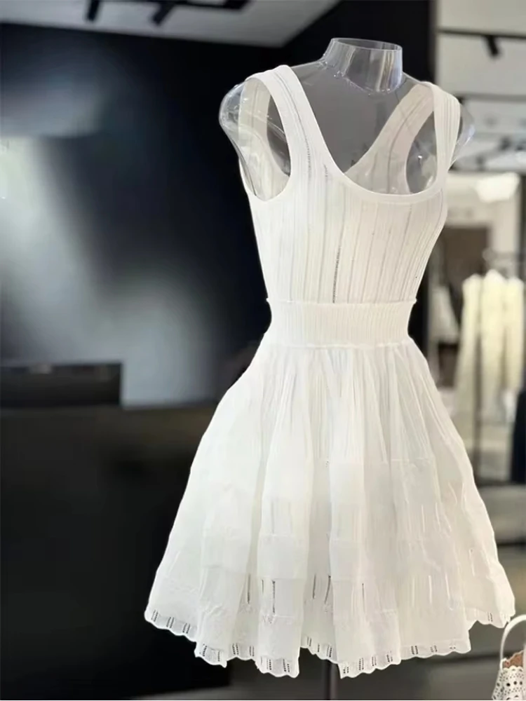Paris Luxury Brand Design Women Elegant Dress Sexy Casual Street Party Sleeveless Solid Color Hollow Out Chic Lady Mini Dresses 3