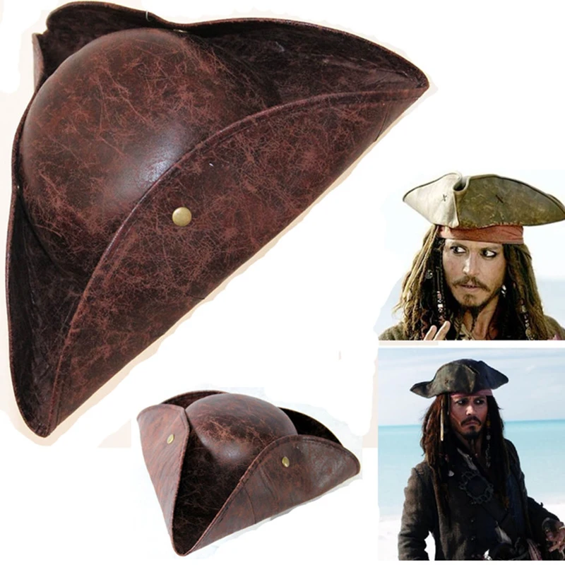 Movie Pirates of The Caribbean Jack Sparrow Jackie Cosplay Hats Unisex Brown Leather Pirate Tricorn Cap Halloween Costume Props
