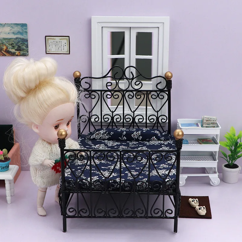 1Set 1:12 Dollhouse Miniature Iron European Bed Cradle Bed With Mattress Cushion Hanging Model Toys Furniture Bedroom Decor Toy 6