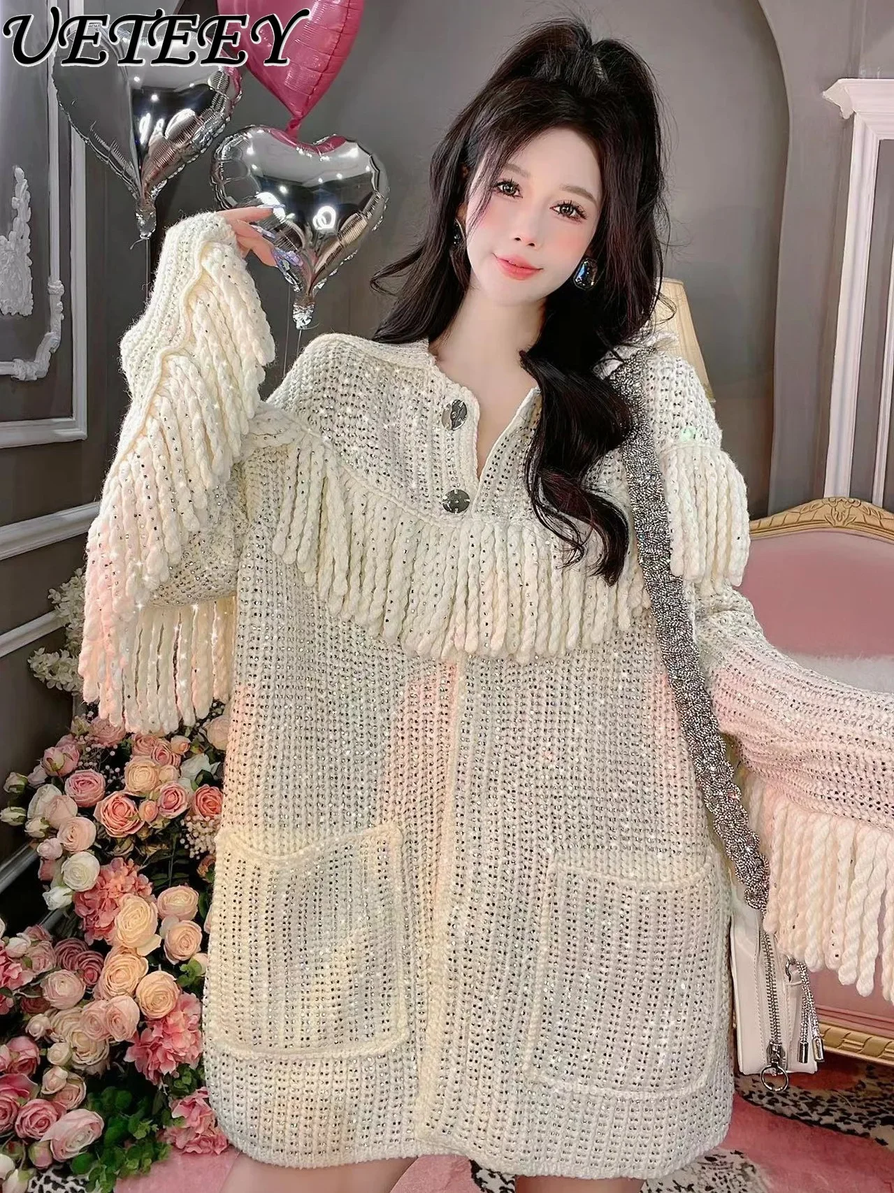 

Autumn and Winter New Loose Knitwear Heavy Industry Tassel Hot Drilling Warm Thickened Sweater Coat for Women Oversized Sweater