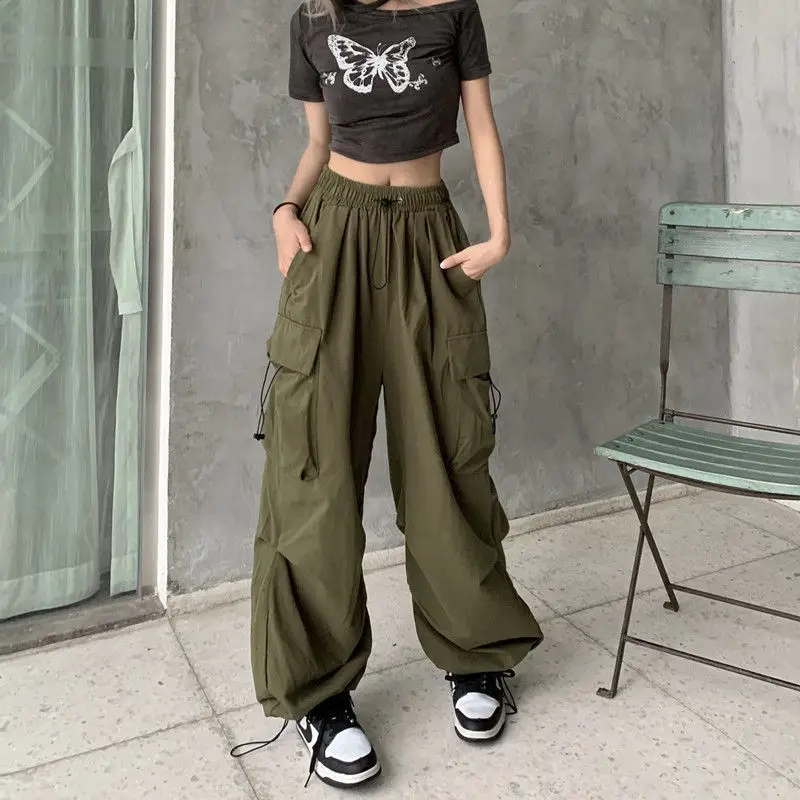 Woman Trousers Cargo Pants Straight Wide Leg Drawstring Oversize Pockets High Waisted Breathable Y2K Solid Color Sweatpants