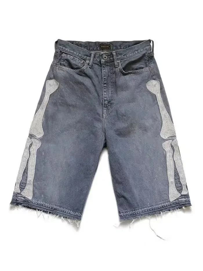 Japan KAPITAL Hirata and Hiroshi Loose Casual Pants Embroidered Bone Wash Water Distressed Raw Hem Denim Shorts for Men
