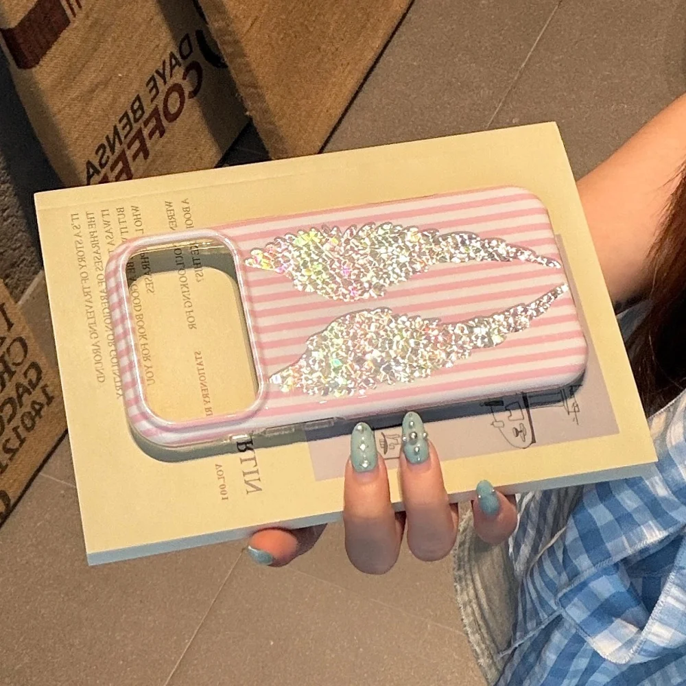 Luxury Pink White Thin Striped Phone Case with Glitter Rhinestone Angel Wing Design - Shockproof Back Cover