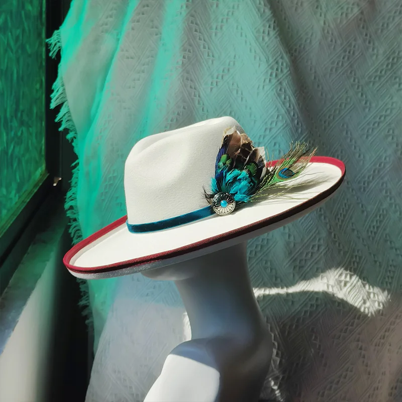 Feather Fedora Hat Men Love Heart Special Top Hat Women Big Brim